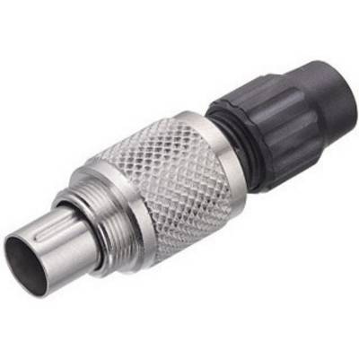 Metal connector with knurled handle and black plastic end, suitable for electrical connections.