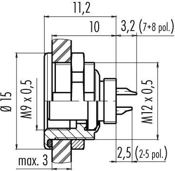 Technical drawing of a cylindrical component, side view with detailed dimensional specifications in millimetres, showing appendage and diameter.