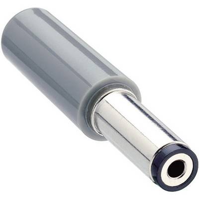 A silver adapter with a grey handle, designed for connecting two different plug systems. Used for linking audio devices.