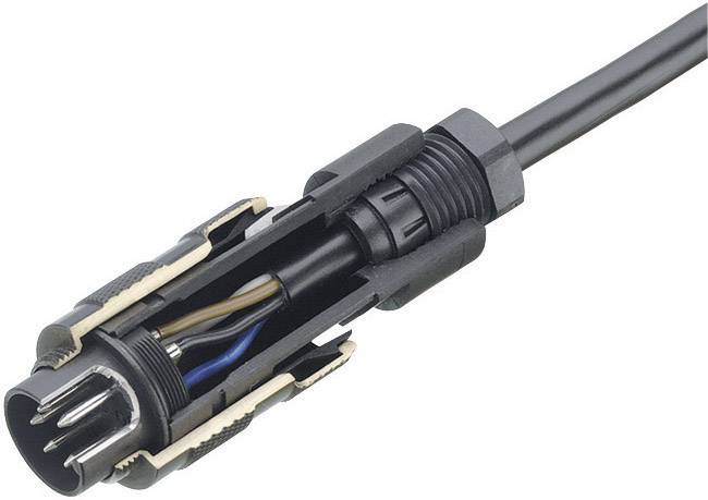 Close-up of an electrical connector with exposed wires in black and blue. Suitable for electricity or data transmission.