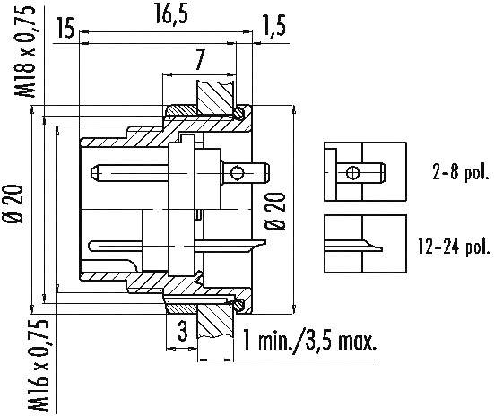 Technical drawing of a cylindrical component with dimensions, thread specifications, and cross-section view. Shows connections and lengths.