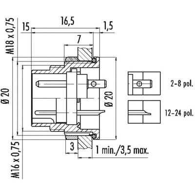 Technical drawing of a cylindrical component with dimensions, thread specifications, and cross-section view. Shows connections and lengths.