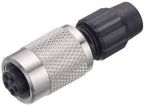 A cylindrical connector with a metallic, ribbed casing and a black termination end, typically used for cable connections.