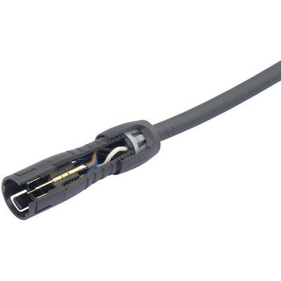 Electrical connection cable plug with an open view of internal wiring, showing cable connection and insulation layer.
