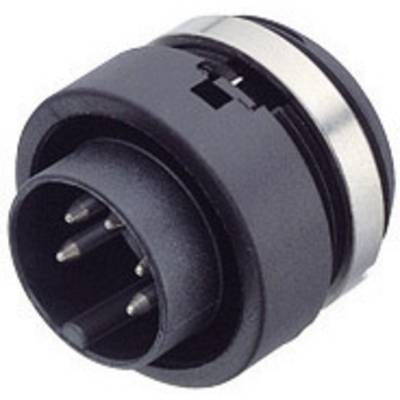 A black circular plug with multiple metal pins, a side notch, and a metal ring surround. Suitable for electronic devices.