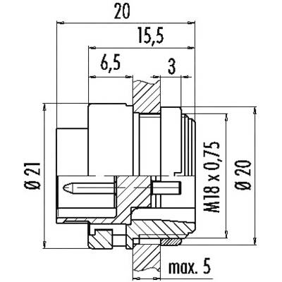 Technical drawing of a component with various dimensions: Length 20, Diameter 21, External thread M18 x 0.75, max. 5.