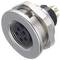 Round, five-pin plug with metal casing and gold-plated pins. Suitable for electronic connections.