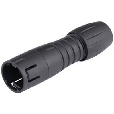 A black, cylindrical torch with a ribbed handle and conical end, lying on a light surface.