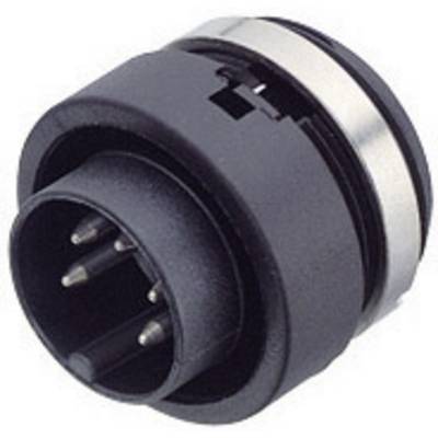 A black round electrical plug with multiple metal pins, suitable for connections in audio or video equipment.
