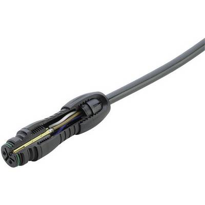 A black electric cable plug with an exposed area revealing the inner wires: blue, brown, green-yellow.