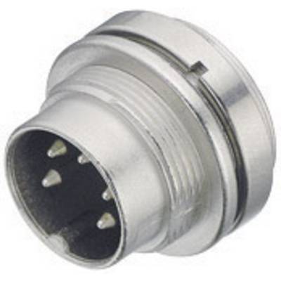 A silver-coloured, round electrical plug with five symmetrically arranged pins.