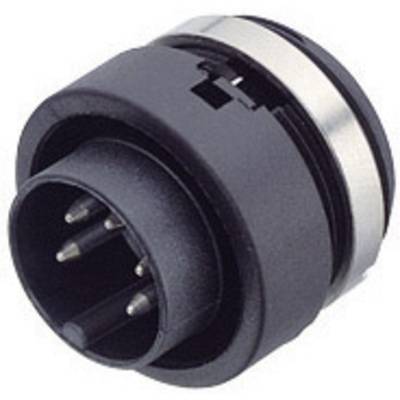A round, black plug with multiple metal pins, suitable for electronic connections.