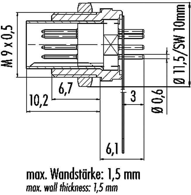 Technical drawing of a plug with dimensions: M9 x 0.5, length 10.2 mm, thread depth 6.7 mm, diameter 0.6 mm, max. wall thickness 1.5 mm.