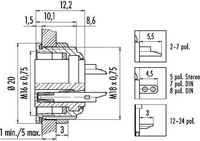 Technical drawing of a connector with dimensions in millimetres. Shows top view and cross-section with thread and drilling details.