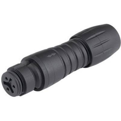 Black, elongated cable connector with a ribbed grip and a symbolic arrow indicating the connection direction.
