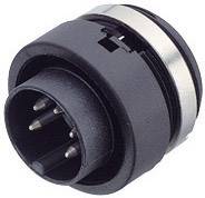 A black, round, six-pin electrical connector with a metal ring, shown from the side, suitable for audio or data transmission.