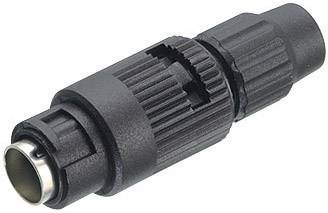 Black connector with a ribbed surface and metallic contact. Suitable for electrical connections.