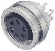 A silver, round plug with multiple pins, suitable for electronic connections.