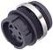 A black, round plug with multiple holes and a metal ring. Used for electrical connections.