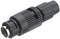 Black coaxial plug, shown from the side, displaying the ribbed structure and metal tip, commonly used for audio/video connections.