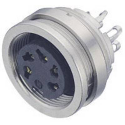 A round, multi-pin metal plug with multiple terminals and insulated, circularly arranged poles.