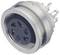 A round, multi-pin metal plug with multiple terminals and insulated, circularly arranged poles.