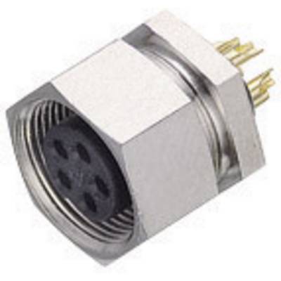 Round electrical connector with five socket locations and gold-plated contact pins, suitable for industrial applications.