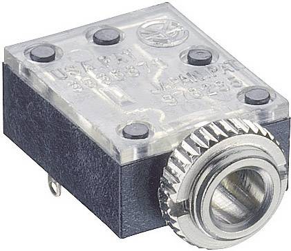 A square, metallic audio connector in side profile, with a ridged edge and multiple screws on the top surface.