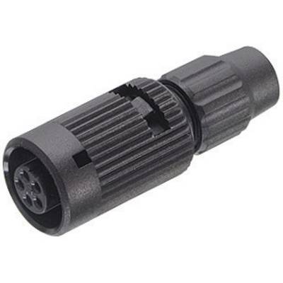A black round plug with multiple sockets and a ribbed casing, commonly used in electronic devices.