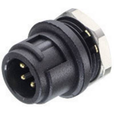 'A black cylindrical connector with three golden pins.'