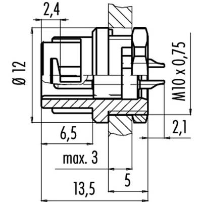 Technical drawing of a component with dimensions: diameter 12, height 6.5, length 13.5, maximum 3 mm, thread M10×0.75.