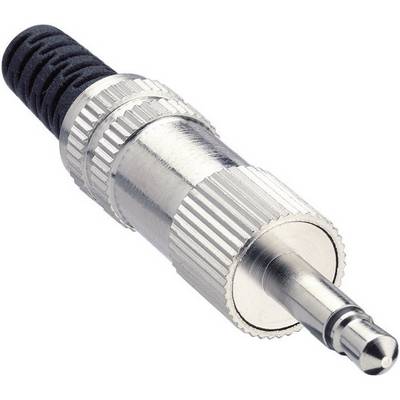 A silver-coloured 3.5mm jack plug with a ridged surface and black cable end. Primarily used in audio devices.