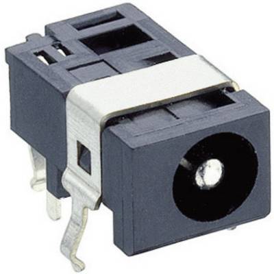 Black, rectangular power socket with metal mounting and multiple connections, suitable for electronic devices.