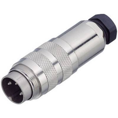 A silver metal plug with multiple pins, presumably an electrical connector, is lying on a light background.