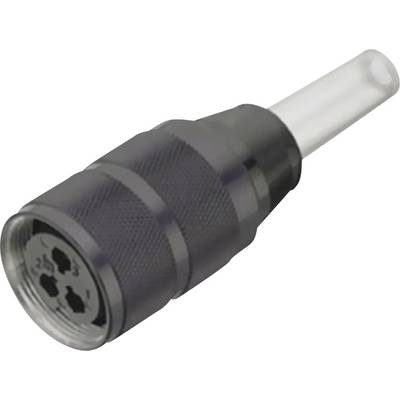 A black, cylindrical adaptor plug with three holes at one end and a elongated, white end.