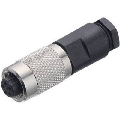 A round, multi-pin connector adapter with a black plastic component and a metallic ridged section.
