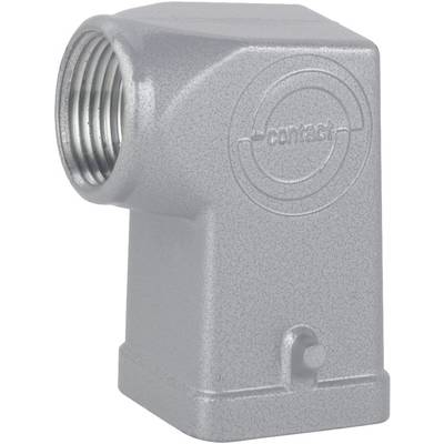 Grey metal connector with lateral threading and embossed logo, suitable for industrial applications. Rectangular shape with smooth surface.