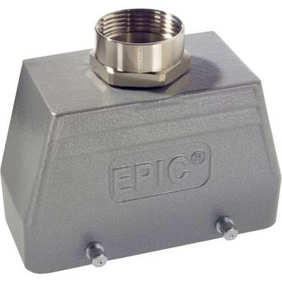 Grey industrial connector housing with engraved 'EPIC' lettering, top with threaded opening, robust design.