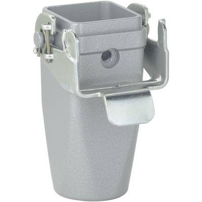 Grey, metallic device component with mounting elements, possibly an industrial connector or housing.
