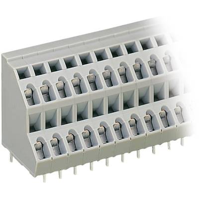 Grey, multi-pole terminal strip with multiple screw terminals and connection pins, designed for electronic circuits or devices.