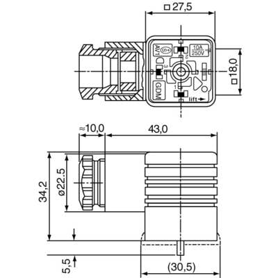 Technical drawing of an electrical connector with dimensional specifications in millimetres for height, width, and other dimensions.