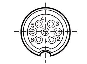 Plug diagram with six numbered connection points (1-6) and a central earth, arranged in a circular configuration.