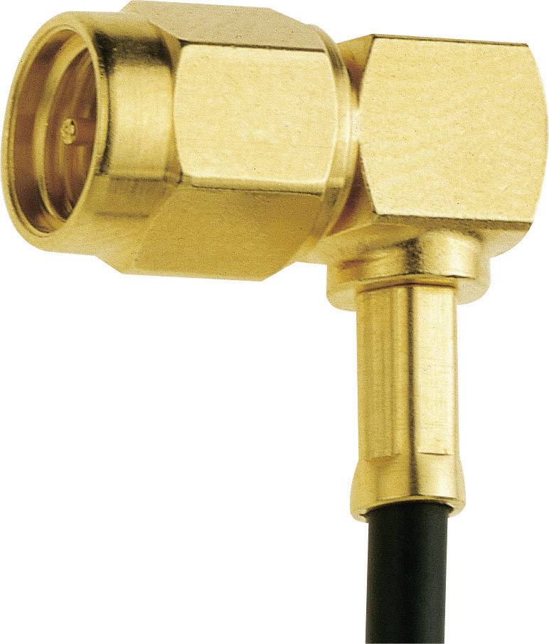 A gold-plated right-angled antenna plug with an attached black cable. Ideal for compact spatial installations.