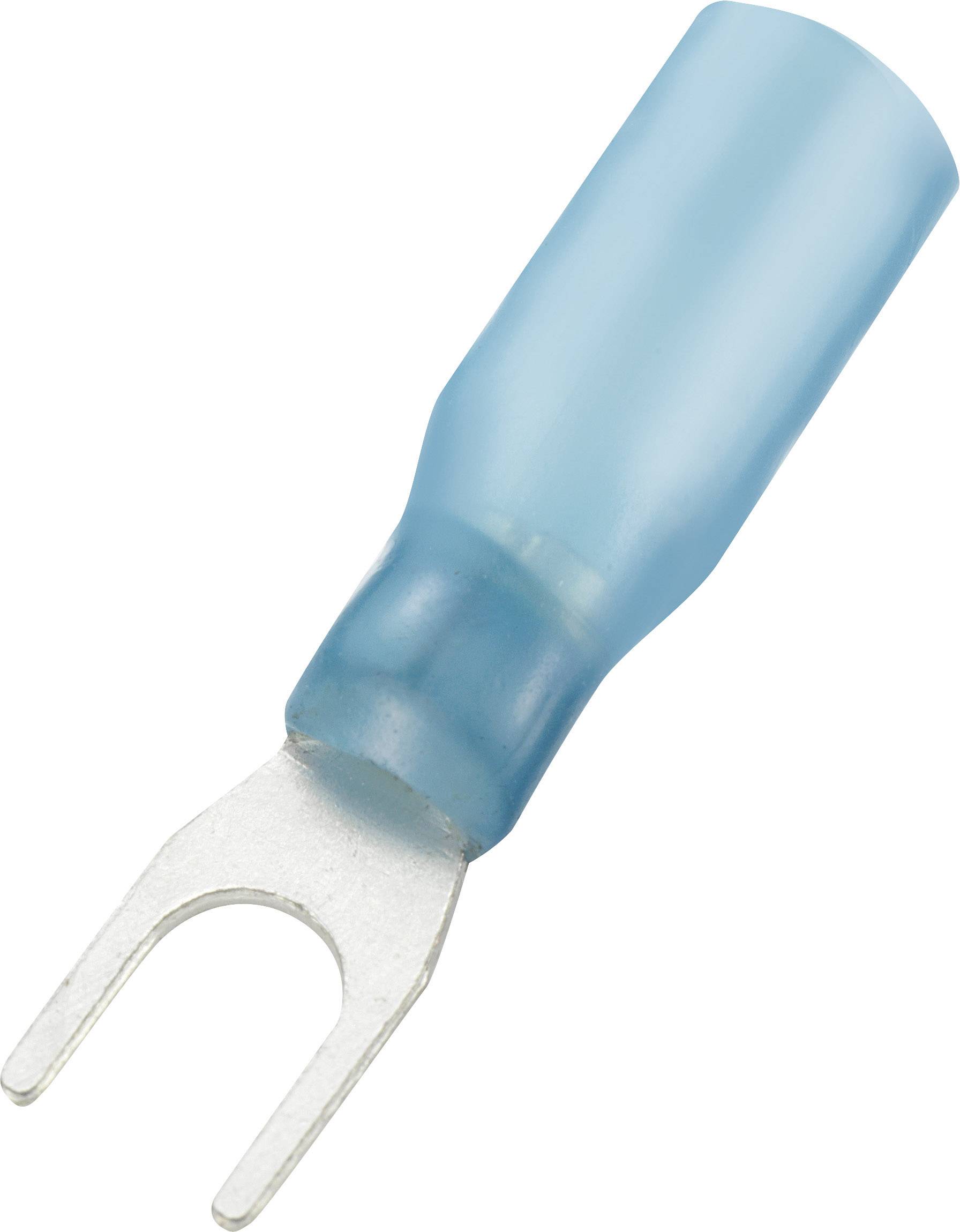 A blue fork or spade-type cable lug used for connecting electrical wires to terminals.