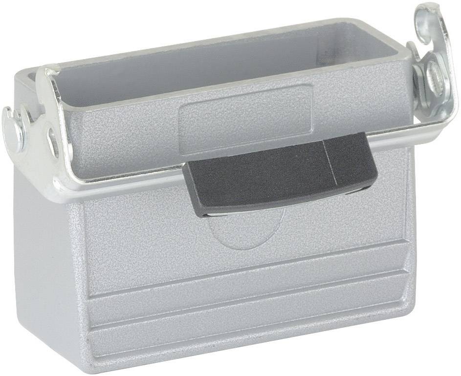 Rectangular, silver-coloured metal holder with a black hinged lid. Suitable for storing items or tools.