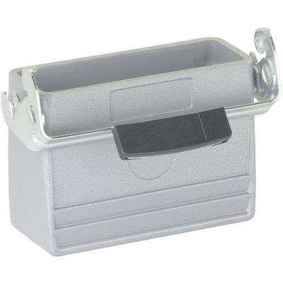 Rectangular, silver-coloured metal holder with a black hinged lid. Suitable for storing items or tools.
