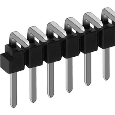Header pin strip with eight metallic pins, black, for electronic connections. Pins are angled for PCB mounting.