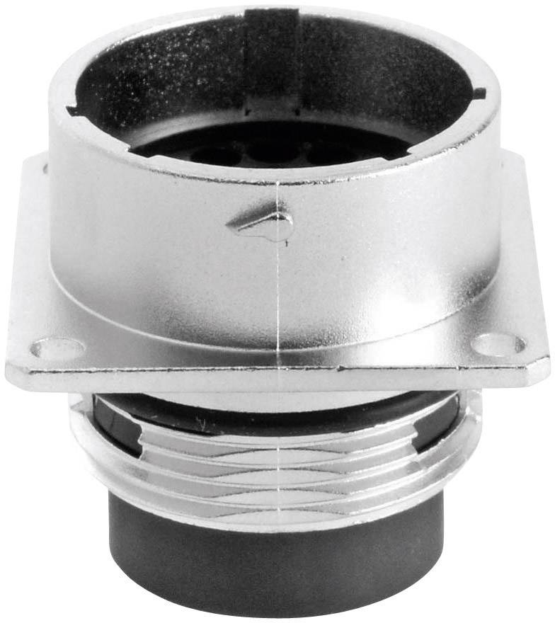 Metal XLR connector in close-up. The round shape and mounting holes on the side are clearly visible.