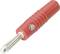 Red banana plug with insulated handle and metal contact, used for electrical connections in audio equipment and laboratories.