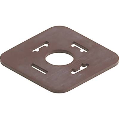 Brown, square plastic component with rounded corners and a central hole. Features slots and recesses for fastenings.